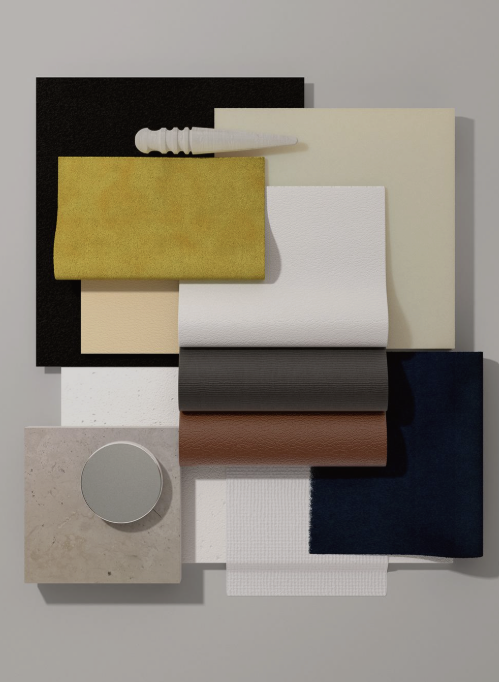 Footwear material board with swatches in navy, beige, white and leather