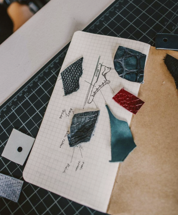 Footwear sketch with material samples during product development