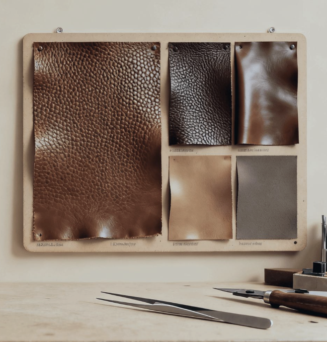 Leather sample library showing different finishes and tones