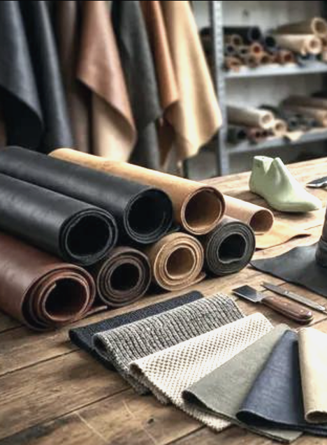 Rolled leather and textile materials in a workshop