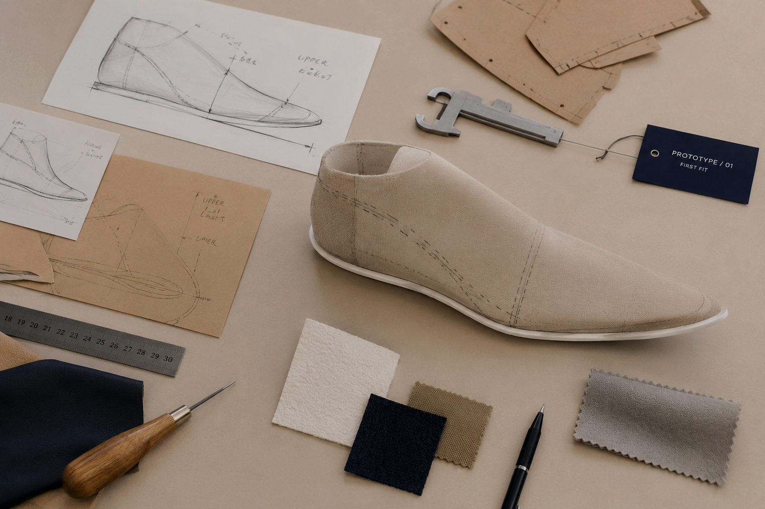 Footwear prototype workspace with sample boot, technical sketches, ruler and material swatches